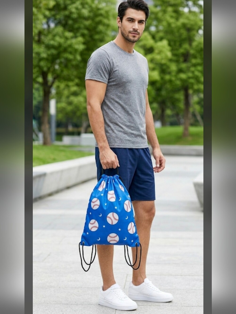 blue polyester drawstring bag with a white and red baseball pattern